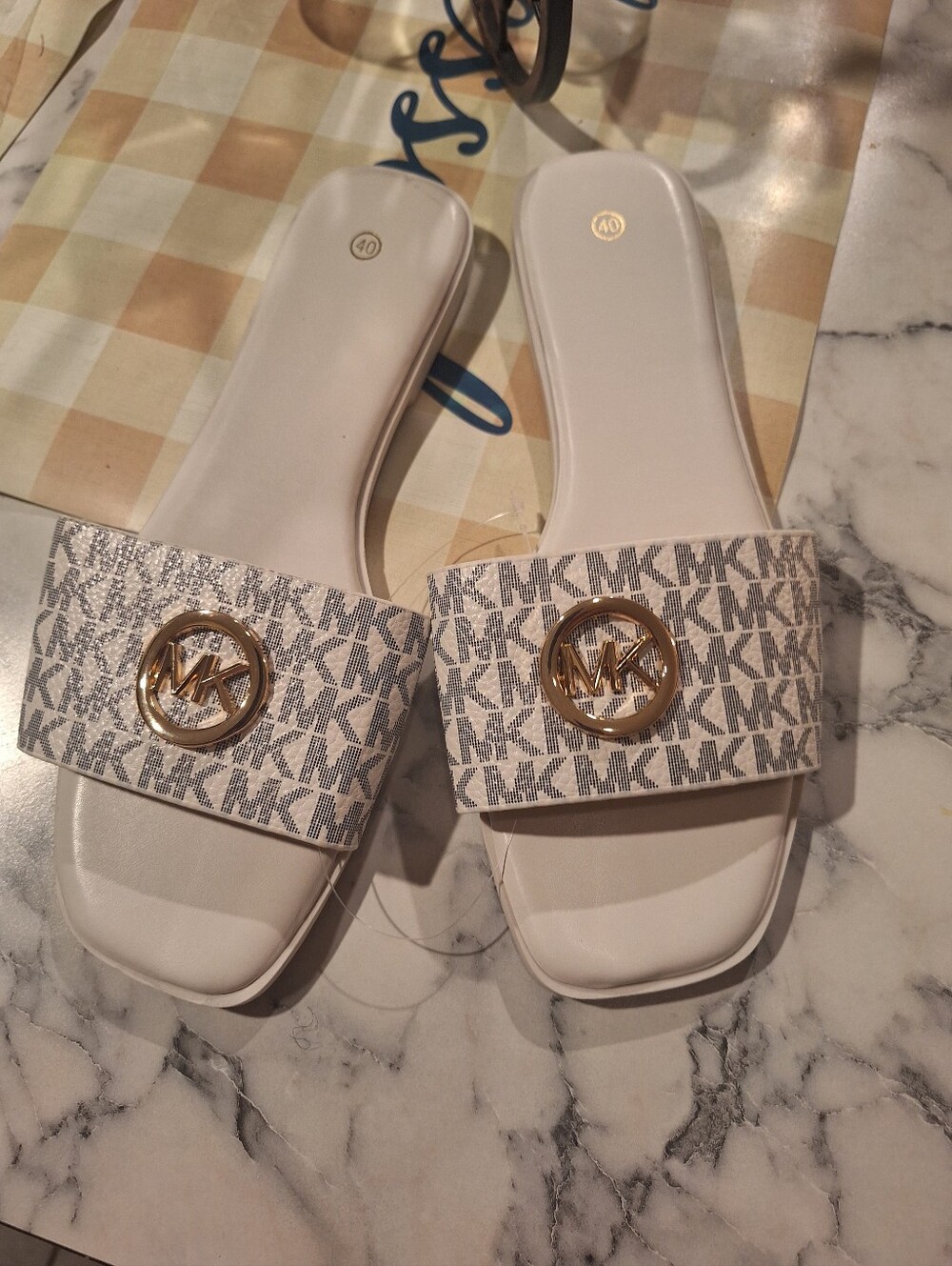 Michael Kors White Logo MK Slide Sandals with Gold Emblem
